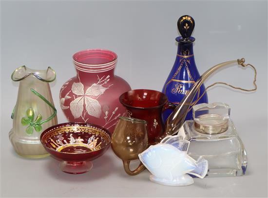 A quantity of glasswares, including Bristol blue rum decanter and stopper